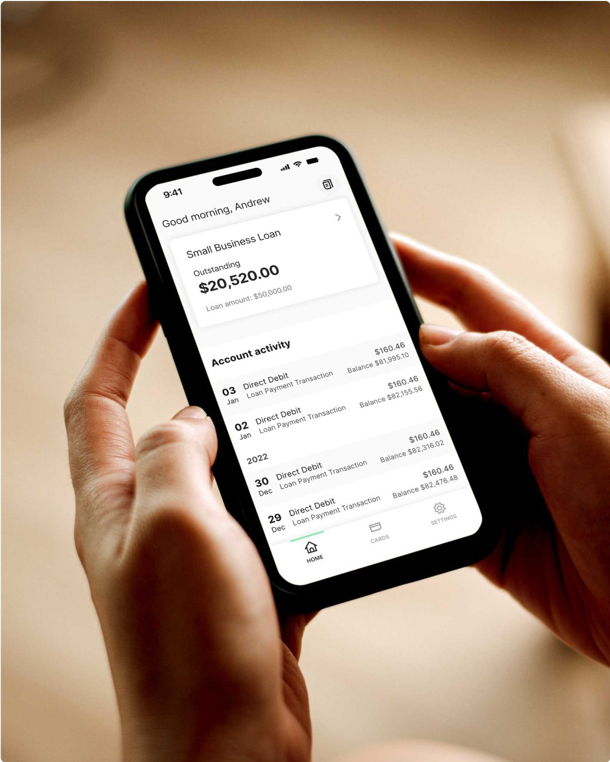 Mobile phone displaying a customer's account activity for their Prospa Small Business Loan