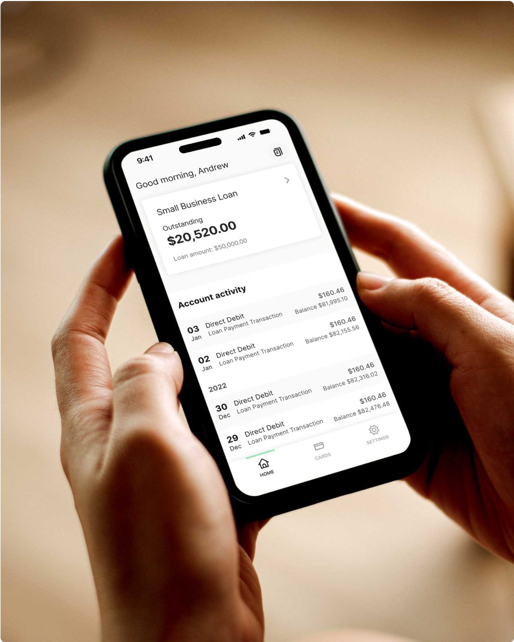 Mobile phone displaying a customer's account activity for their Prospa Small Business Loan