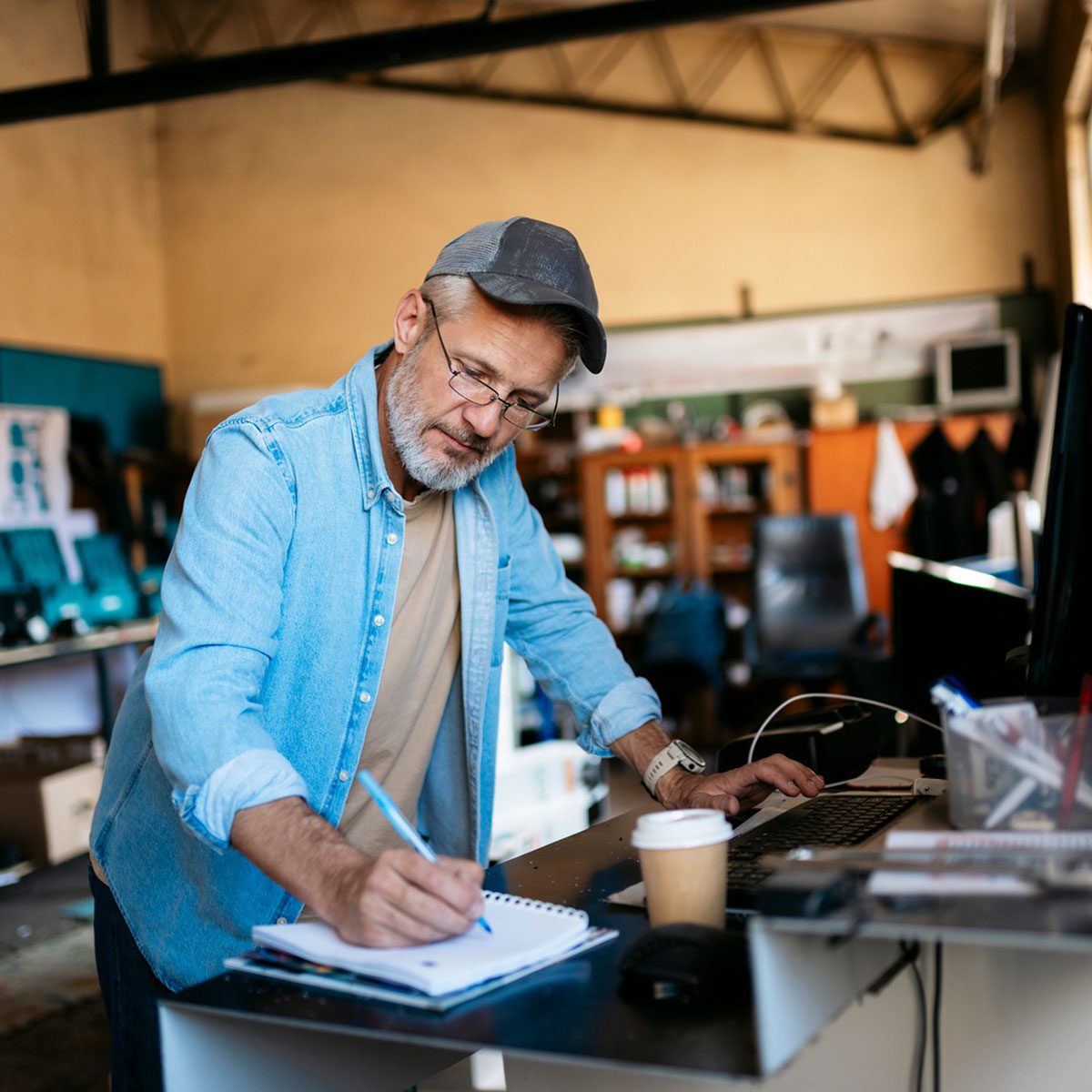A person in a casual denim shirt and cap writes in a notebook while working at a desk with a computer and coffee in a workshop-style office.