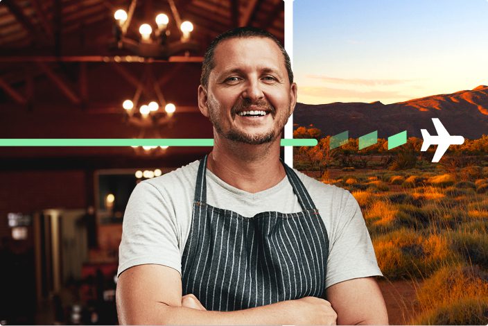Small business owner standing confidently in a café wearing an apron, with a stylised travel graphic and airplane icon over a scenic landscape to the side.