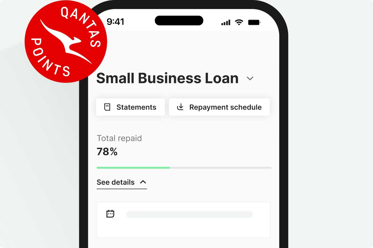 small business loan app screen with qantas badge overlay