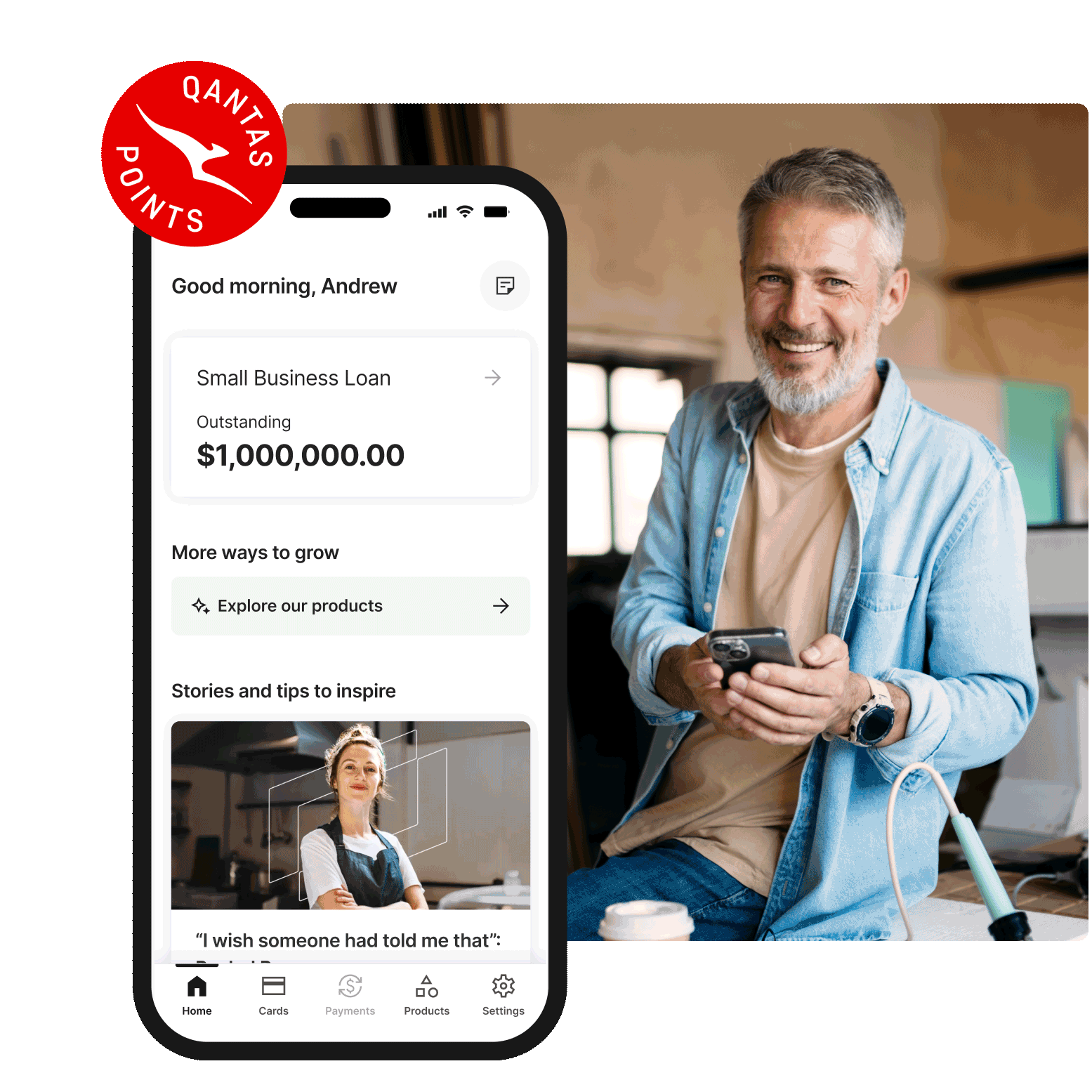 Small business owners in different work environments using mobile phones, alongside a smartphone displaying financial information on a desk