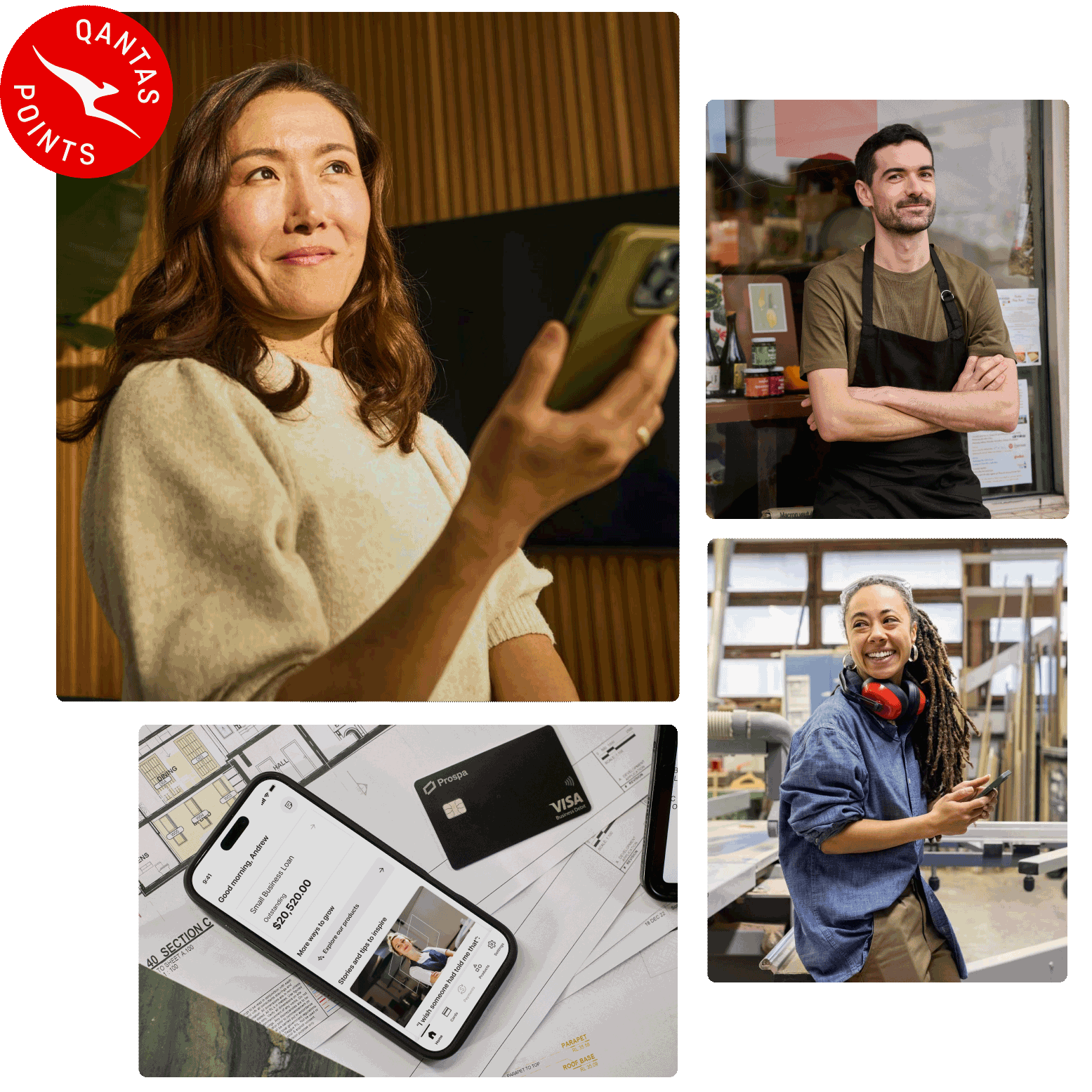 Small business owners in different work environments using mobile phones, alongside a smartphone displaying financial information on a desk