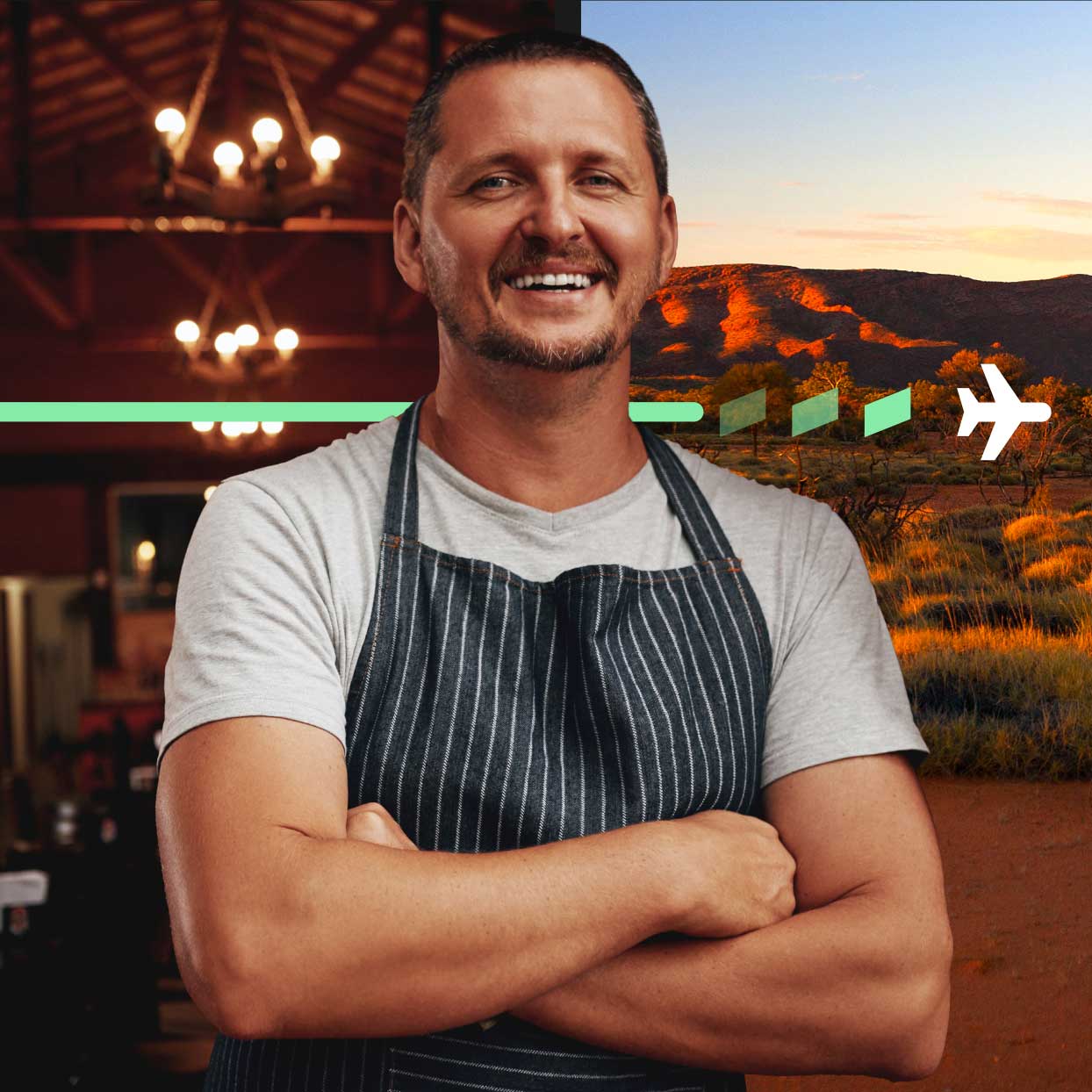 Person wearing a striped apron with arms crossed, standing in a warmly lit interior, overlaid with a scenic outback landscape and a stylised plane graphic.