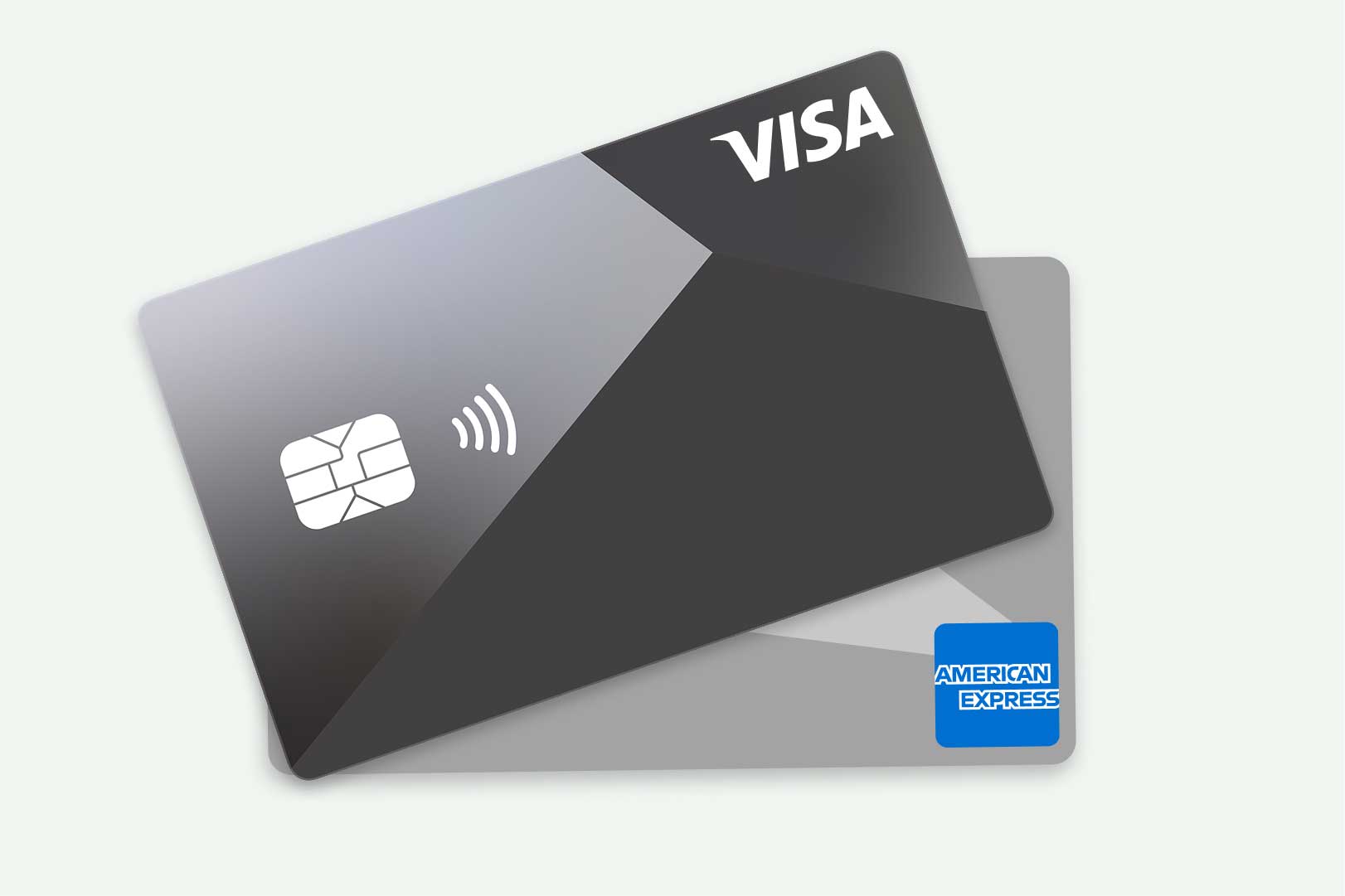 Stylised payment cards showing Visa and American Express logos, with a contactless credit card in the foreground.