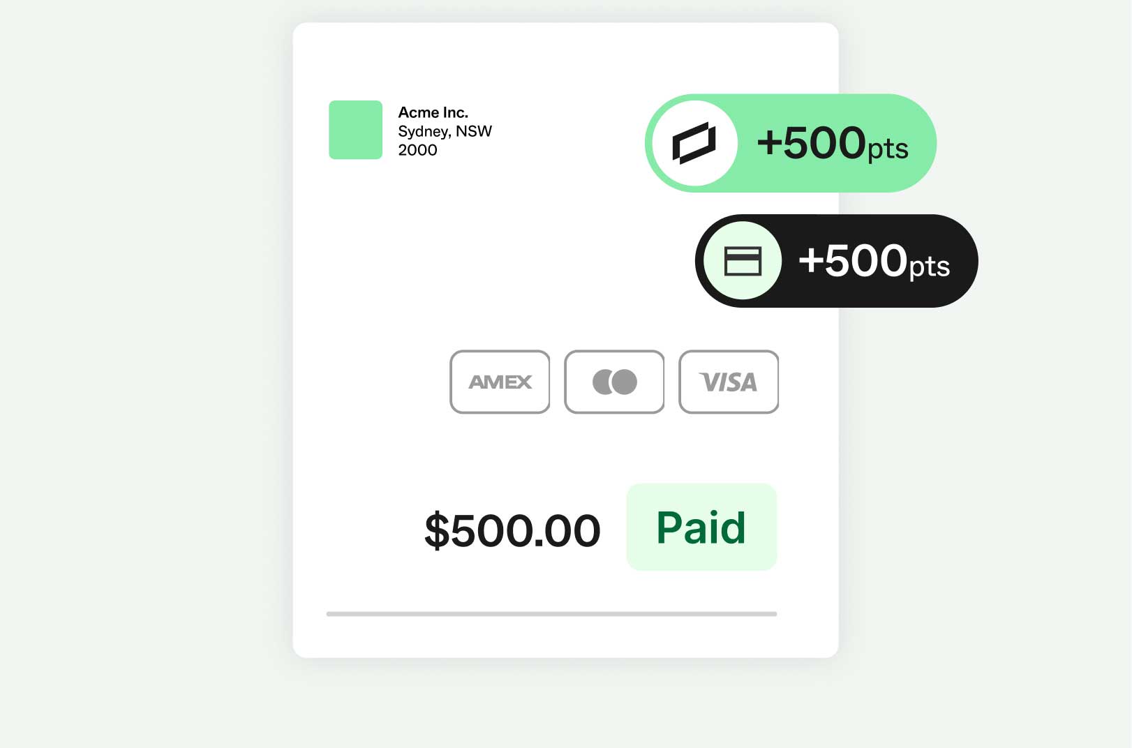 Digital invoice showing a $500 payment marked as paid, with earned reward points displayed for different payment methods.