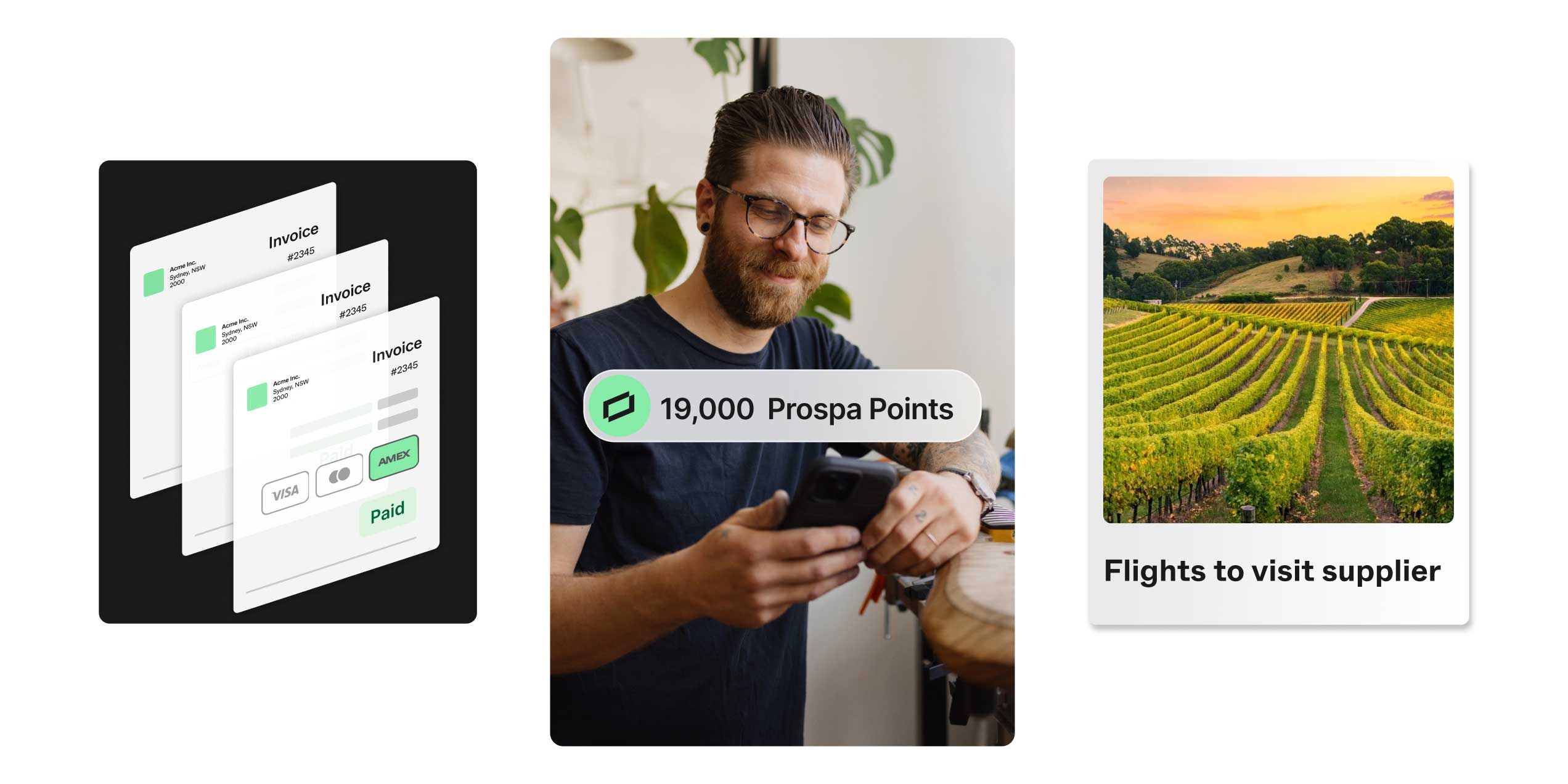 Billing and rewards concept showing paid invoices, a business owner using a phone, earned Prospa Reward Points, and travel reward examples.