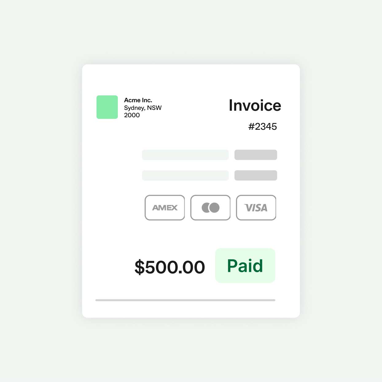 Invoice card for $500 showing accepted card types and a payment status marked as paid.