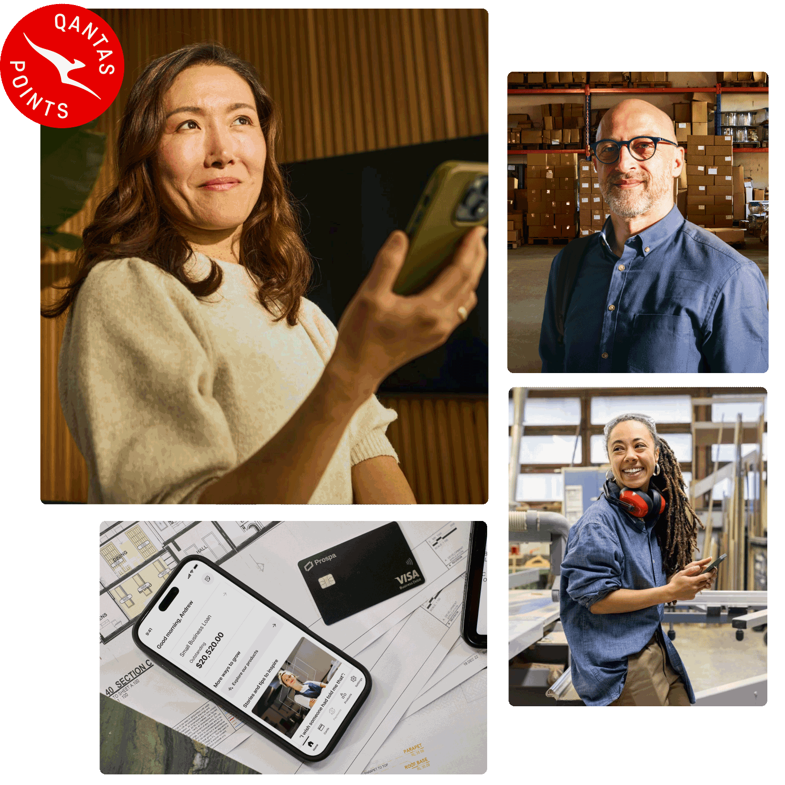 Image grid showing small business owners in work environments, a smartphone displaying the Prospa home screen, and Qantas Points branding