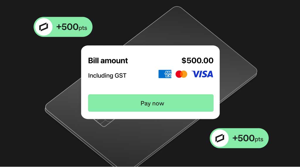 Payment screen showing a $500 bill, card payment logos, and Prospa Rewards Points earned.