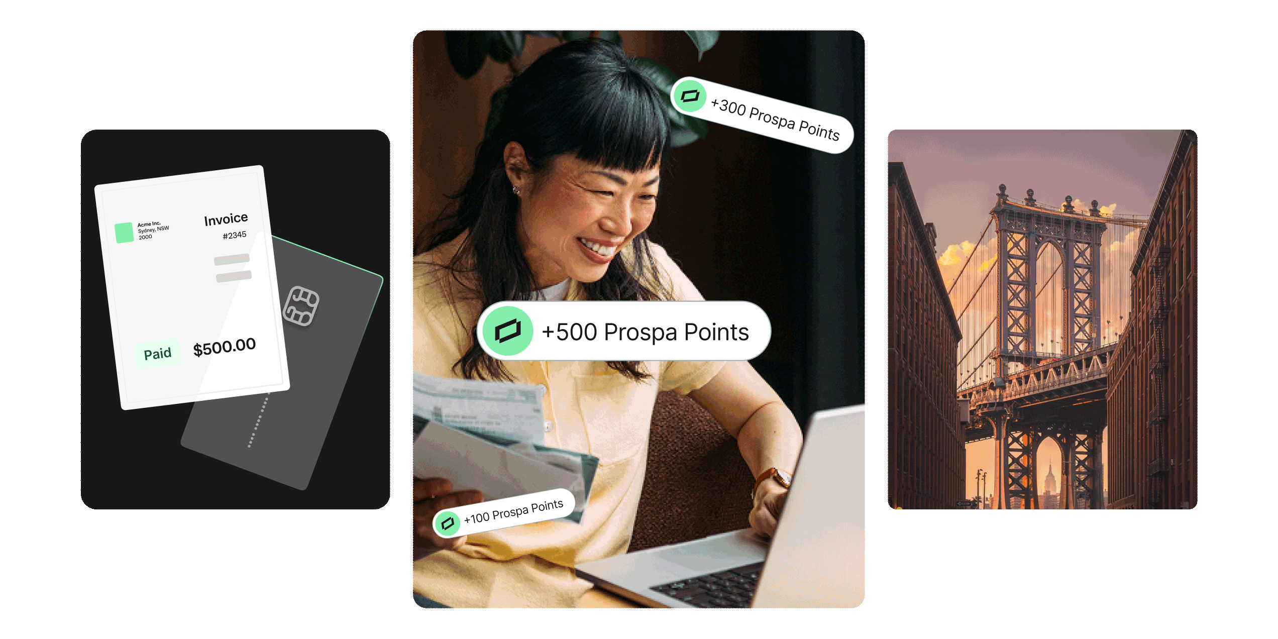 Prospa Rewards concept showing an invoice, online payment, and earned reward points alongside a shot of New York destination