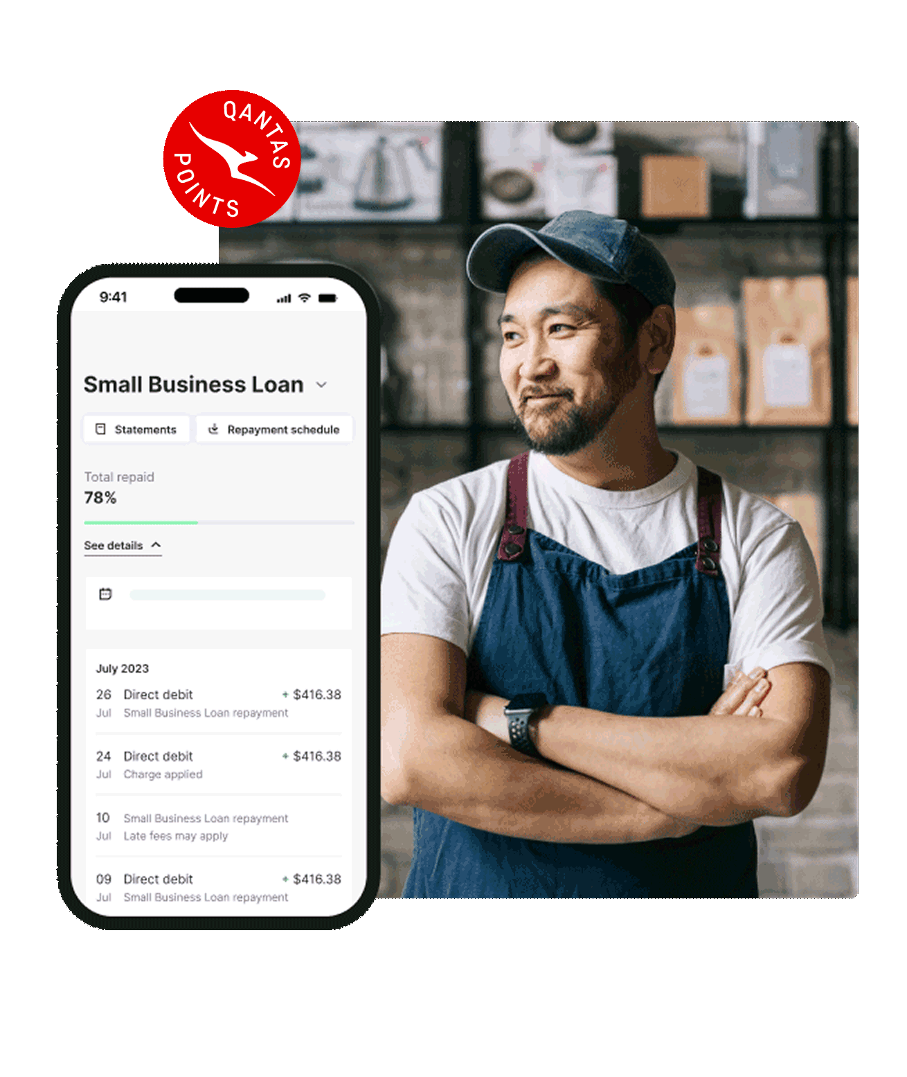 Small Business owner in a cafe with the Prospa app and a Qantas tile