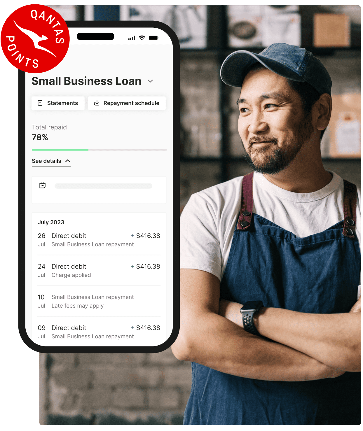Small Business owner in a cafe with the Prospa app and a Qantas tile