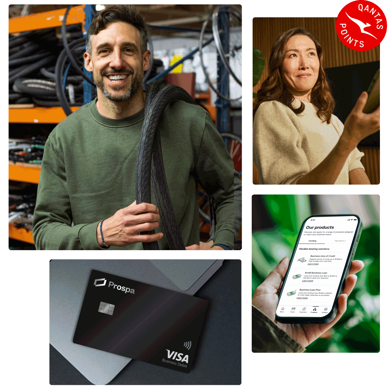 Small business owner holding a tyre in a workshop alongside Prospa business account, debit card and mobile app with Qantas Points badge.