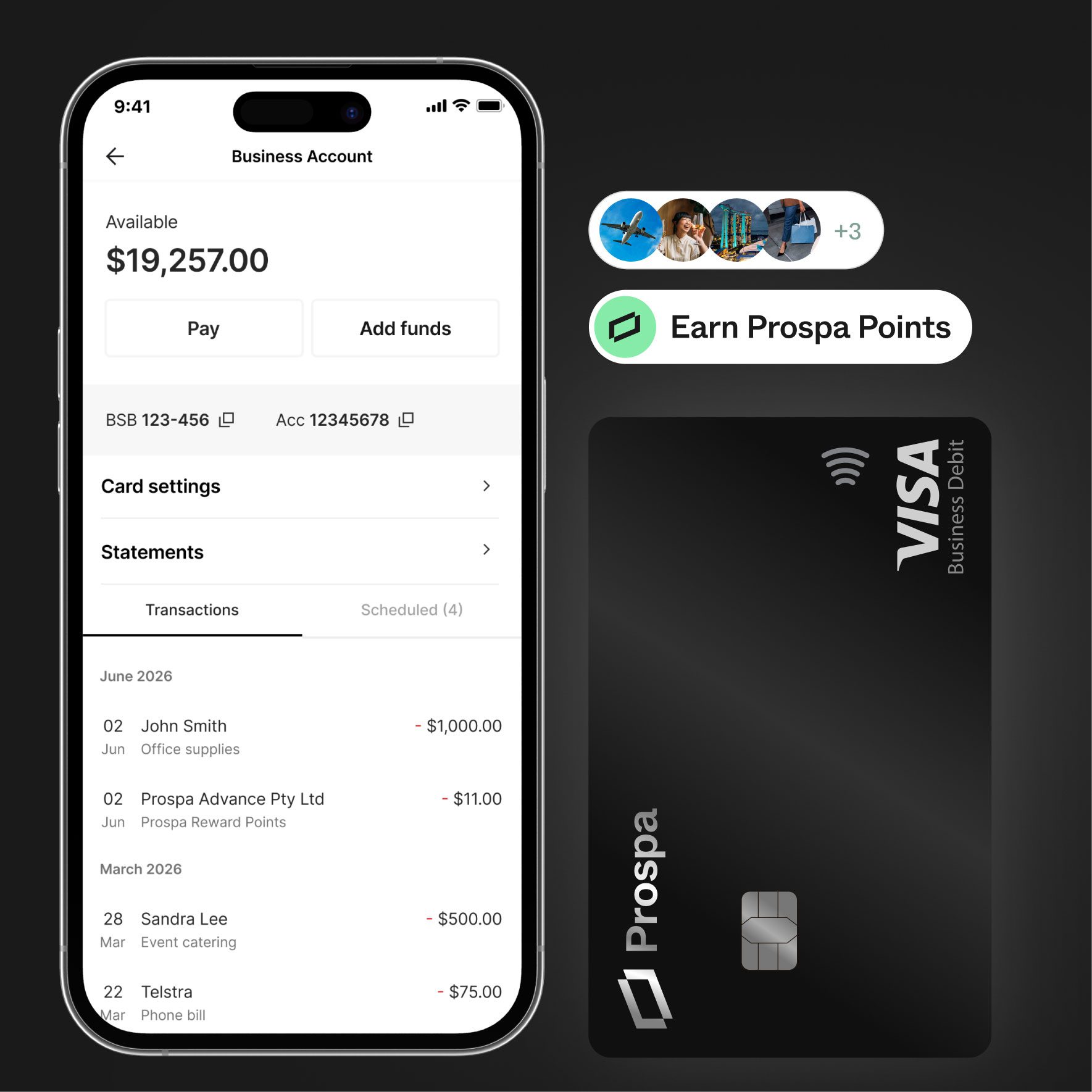 Business account with Prospa visa debit card and points earning device