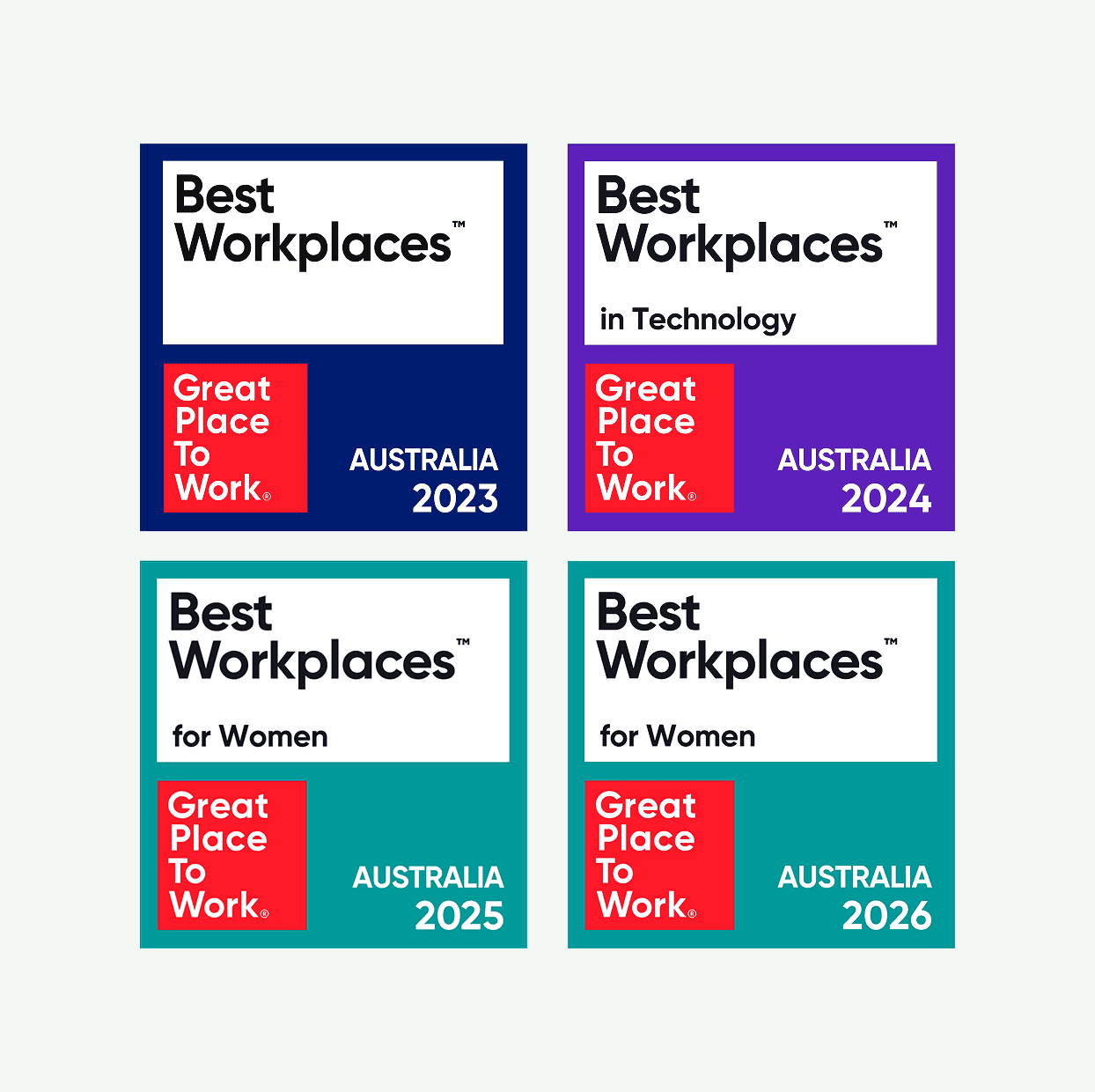 Great Place to Work award badges recognising Best Workplaces Australia 2023, Best Workplaces in Technology Australia 2024, and Best Workplaces for Women Australia 2025 and 2026.
