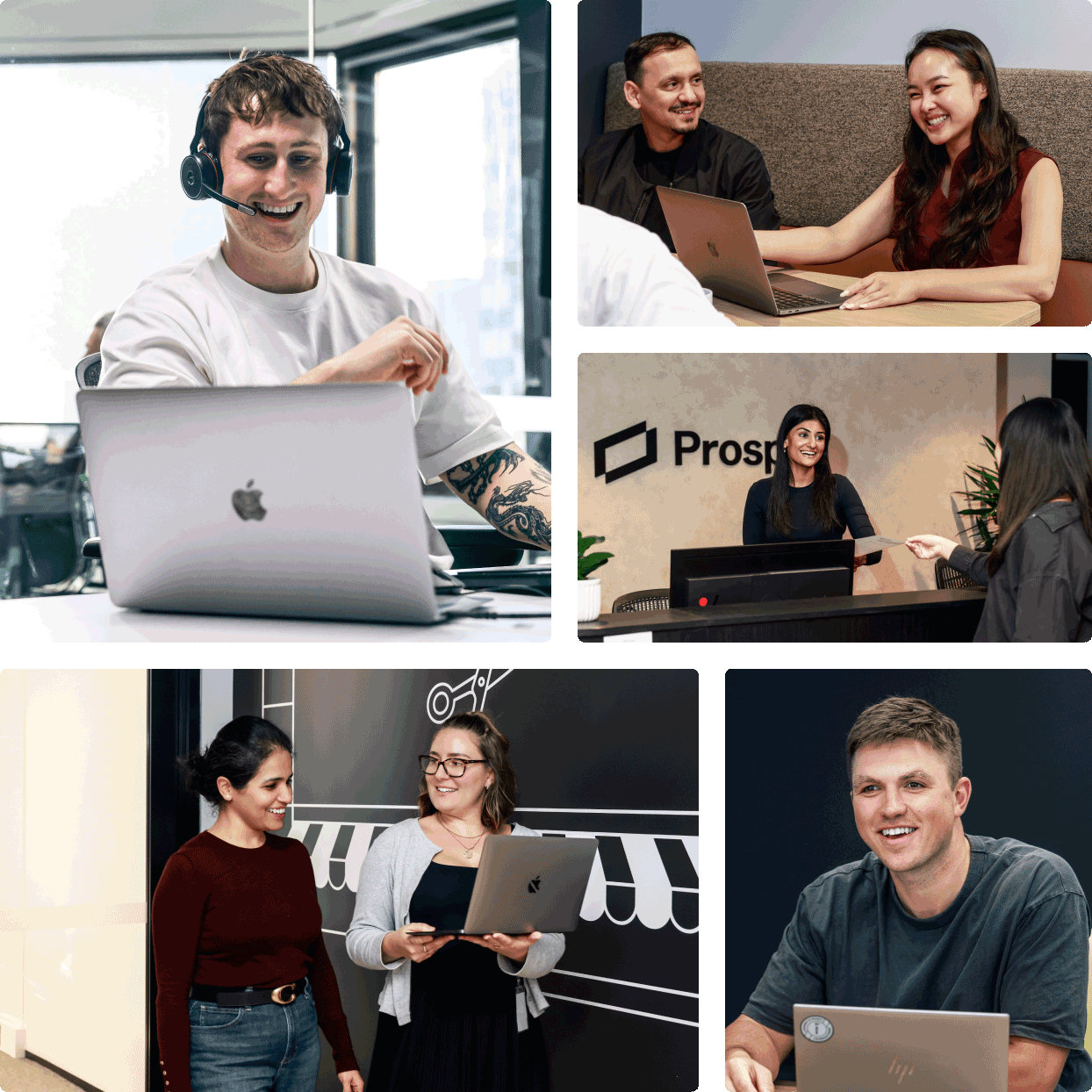 Collage of Prospa employees collaborating across different workplace settings, including customer support, meetings, reception and team discussions.