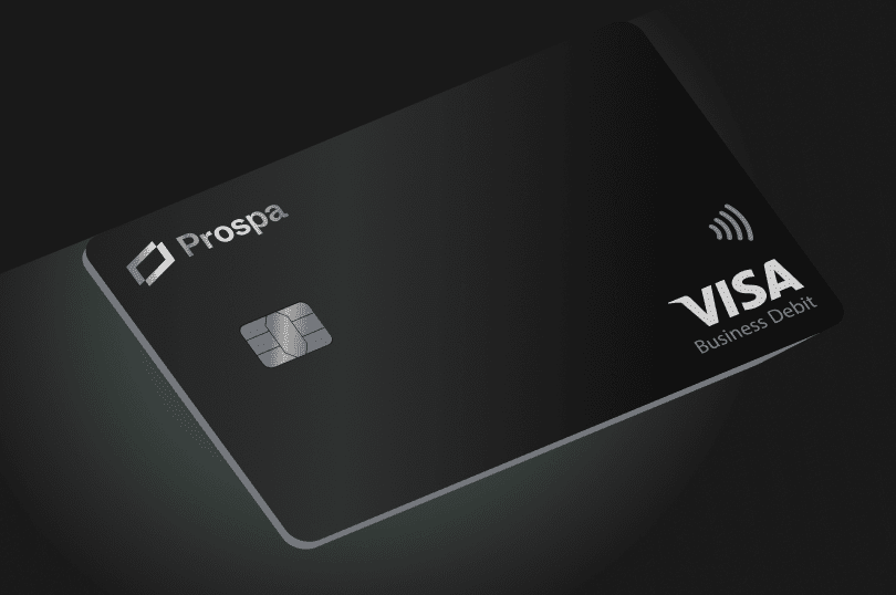 Black Prospa Visa Business Debit card with contactless symbol and chip on a dark background.