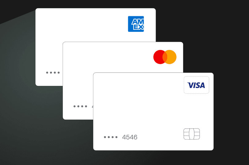 Stacked payment cards including American Express, Mastercard, and Visa, partially overlapping on a dark gradient background.