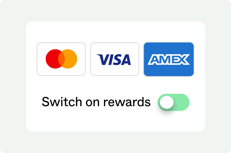 Mastercard, Visa and Amex logos above a ‘Switch on rewards’ toggle