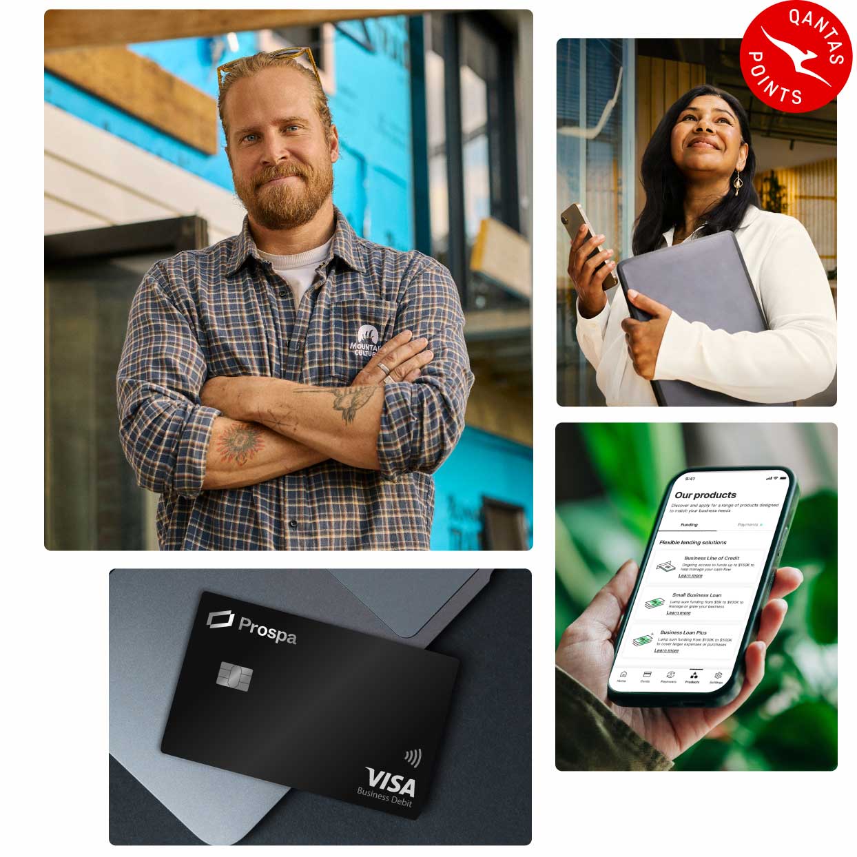 Prospa collage showcasing products and small business owner customers